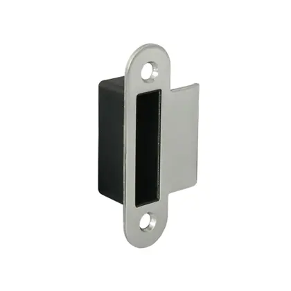 Glass door lock strike plate with black plastic filler 